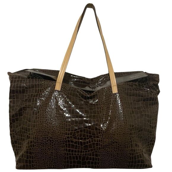 LOGO By Lori Goldstein Oversized Snakeskin Print Tote Dark Brown - Picture 1 of 12